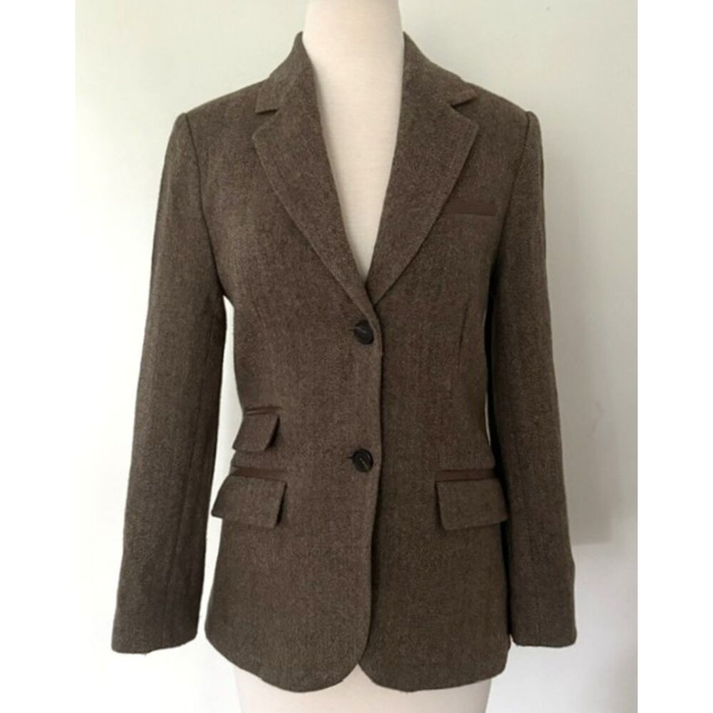 Goelia Herringbone Leather Trim Dark Academia Tailored Librarycore Blazer Sz M